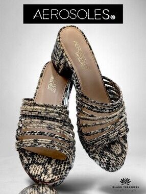 Aerosoles Sz 6.5 Women's Snake Print Strappy Block Heel Slide Sandals